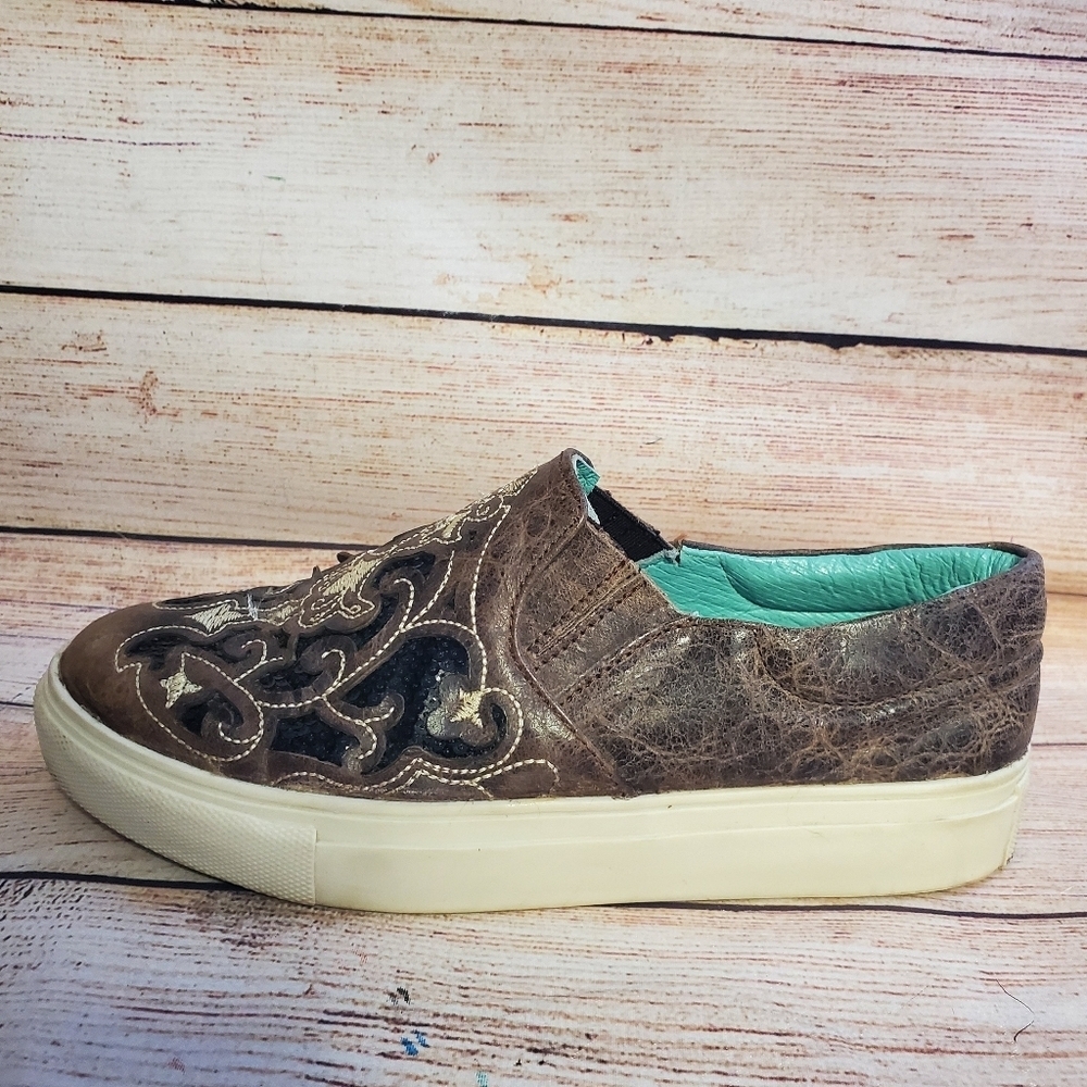 Corral Womens size 6.5 Brown with Black Sequin Inlay & Embroidery Sneakers E1560 - Picture 9 of 12